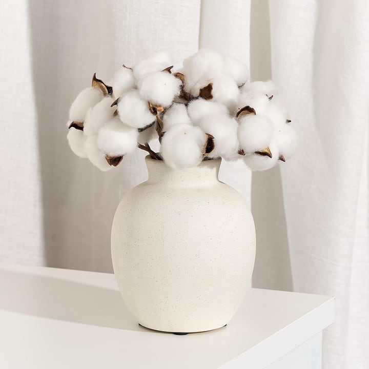 White matt ceramic vase holding cotton stems