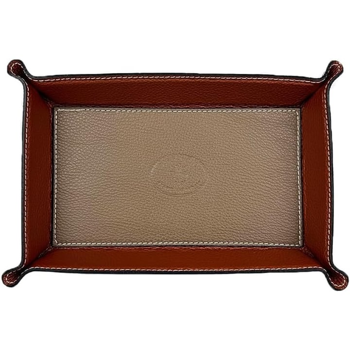 Rectangular leather valet tray in taupe and brown